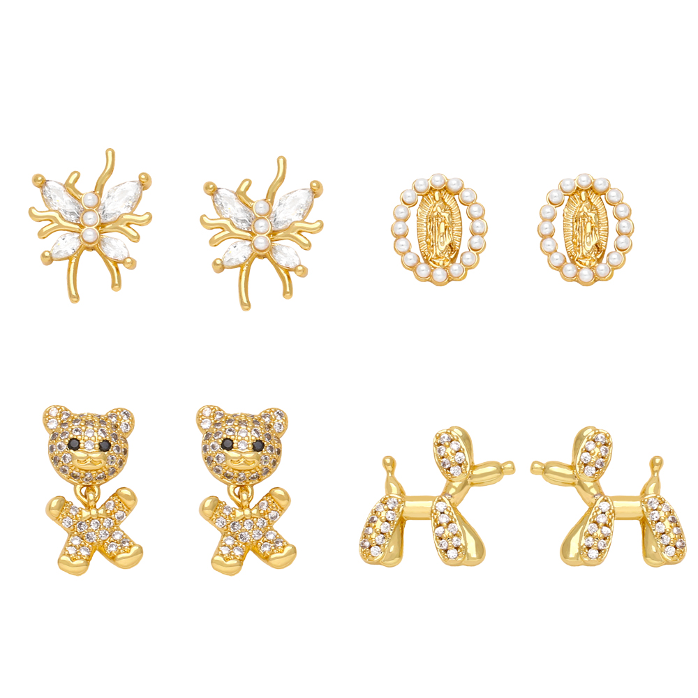 1 Pair Cute Simple Style Dog Bear Plating Inlay Copper Zircon 18k Gold Plated Ear Studs display picture 2