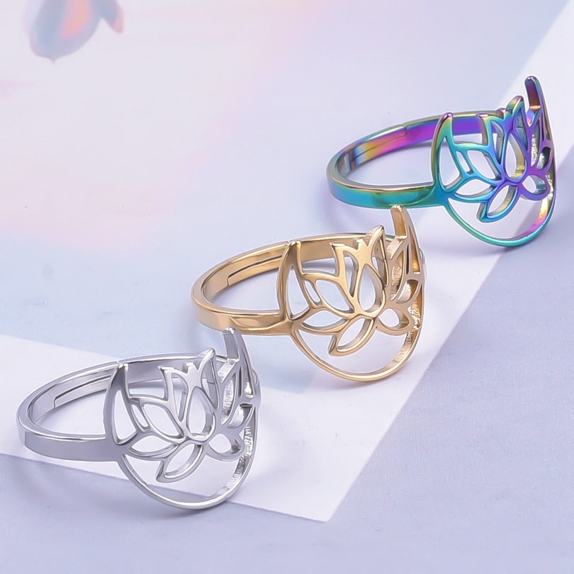 Casual Streetwear Lotus Stainless Steel Unisex Open Rings display picture 2