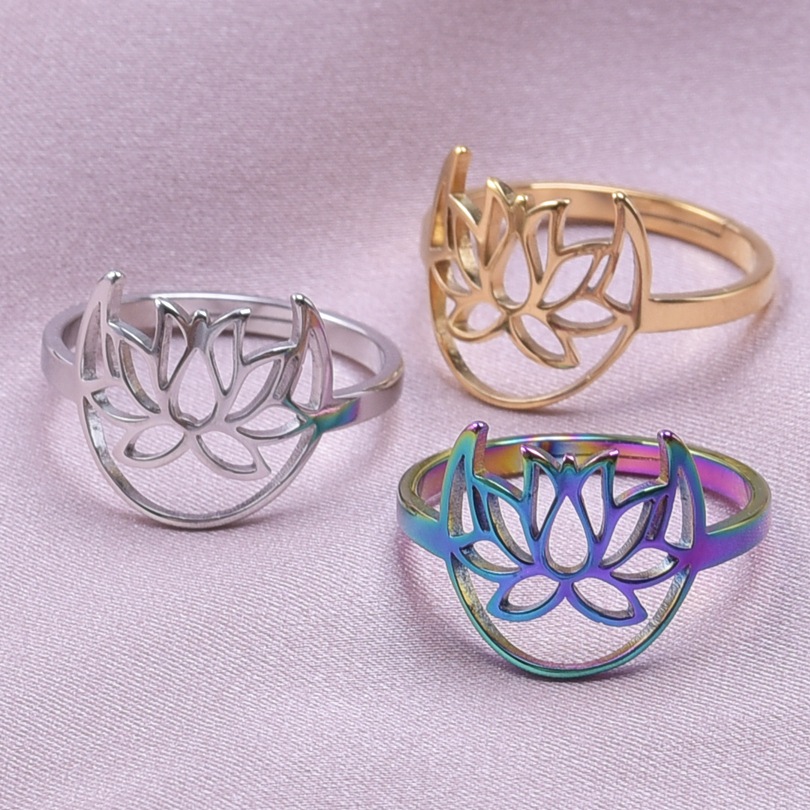 Lässig Strassenmode Lotus Rostfreier Stahl Unisex Offener Ring display picture 4