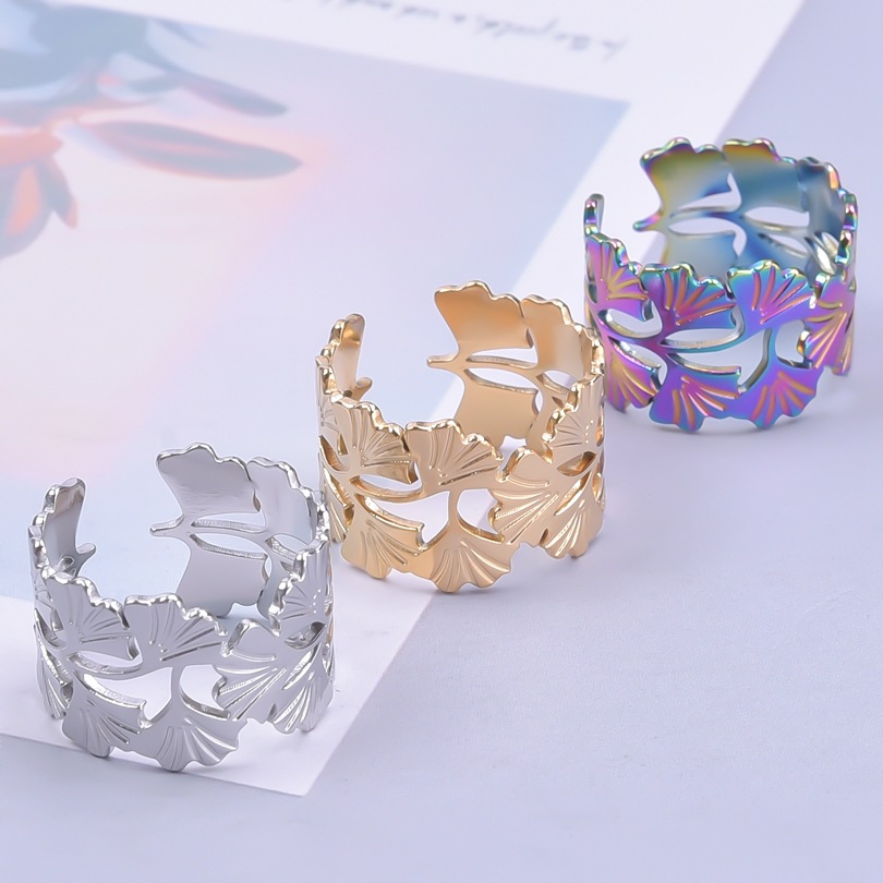 Casual Rock Modern Style Leaves Stainless Steel Plating Unisex Open Rings display picture 2