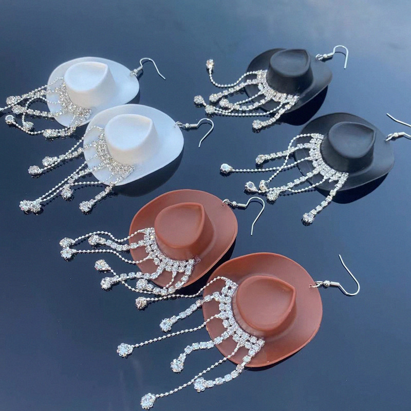1 Pair Cowboy Style Magic Hat Inlay Mixed Materials Rhinestones Drop Earrings display picture 6