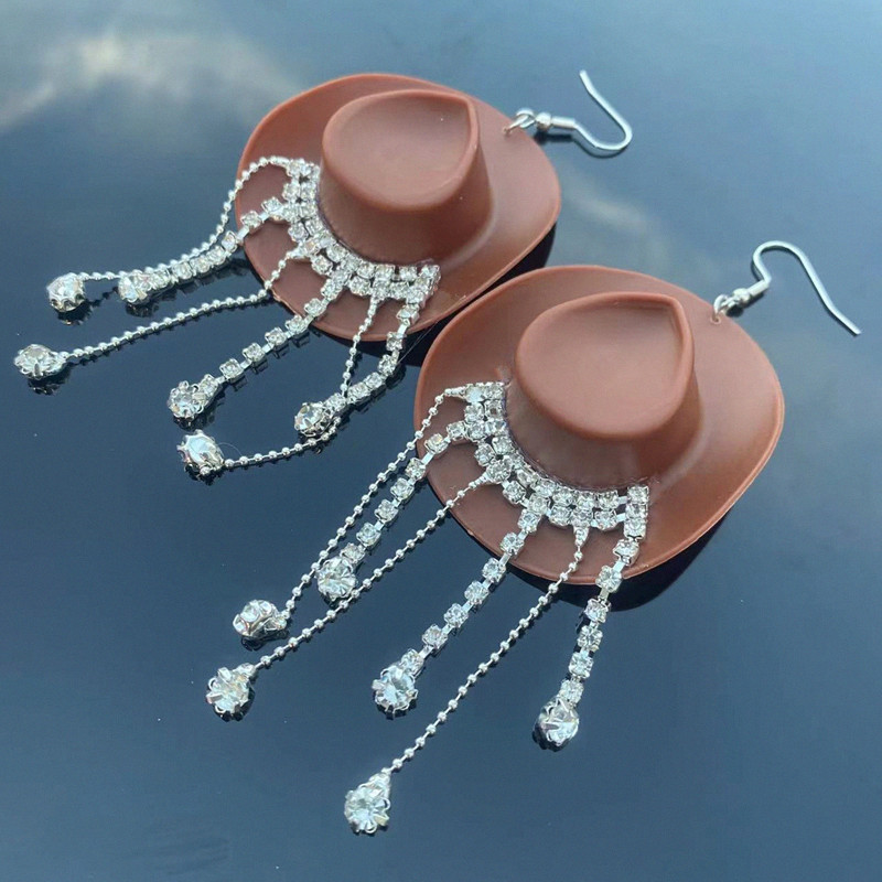 1 Pair Cowboy Style Magic Hat Inlay Mixed Materials Rhinestones Drop Earrings display picture 9
