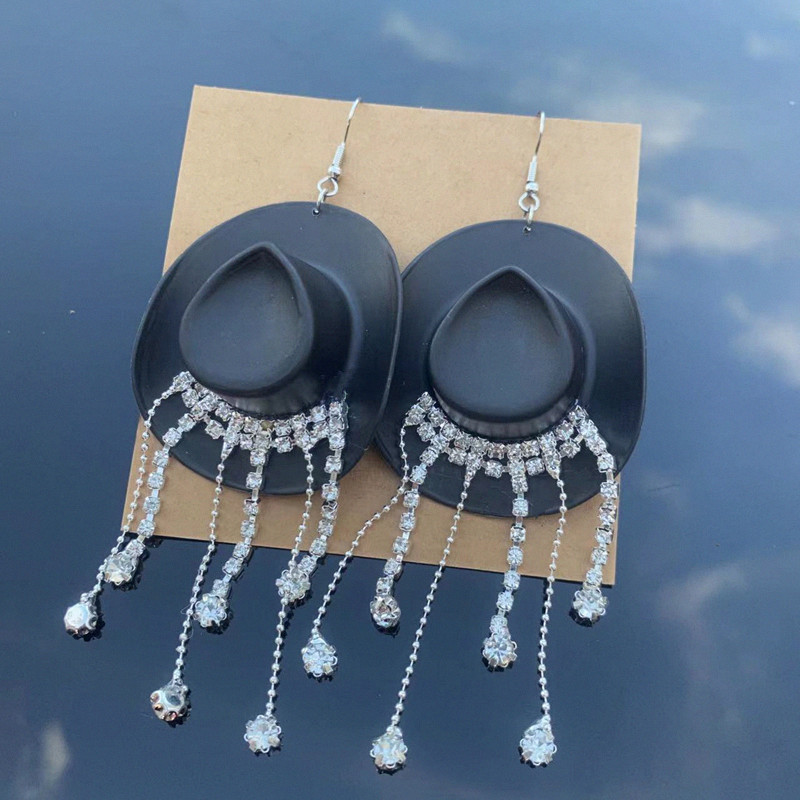 1 Pair Cowboy Style Magic Hat Inlay Mixed Materials Rhinestones Drop Earrings display picture 15