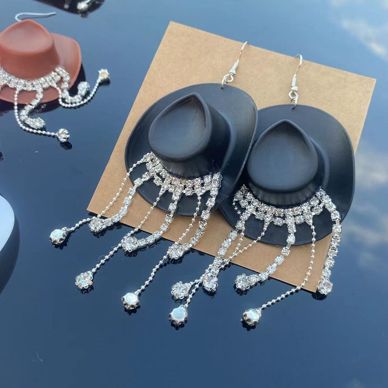 1 Pair Cowboy Style Magic Hat Inlay Mixed Materials Rhinestones Drop Earrings display picture 18