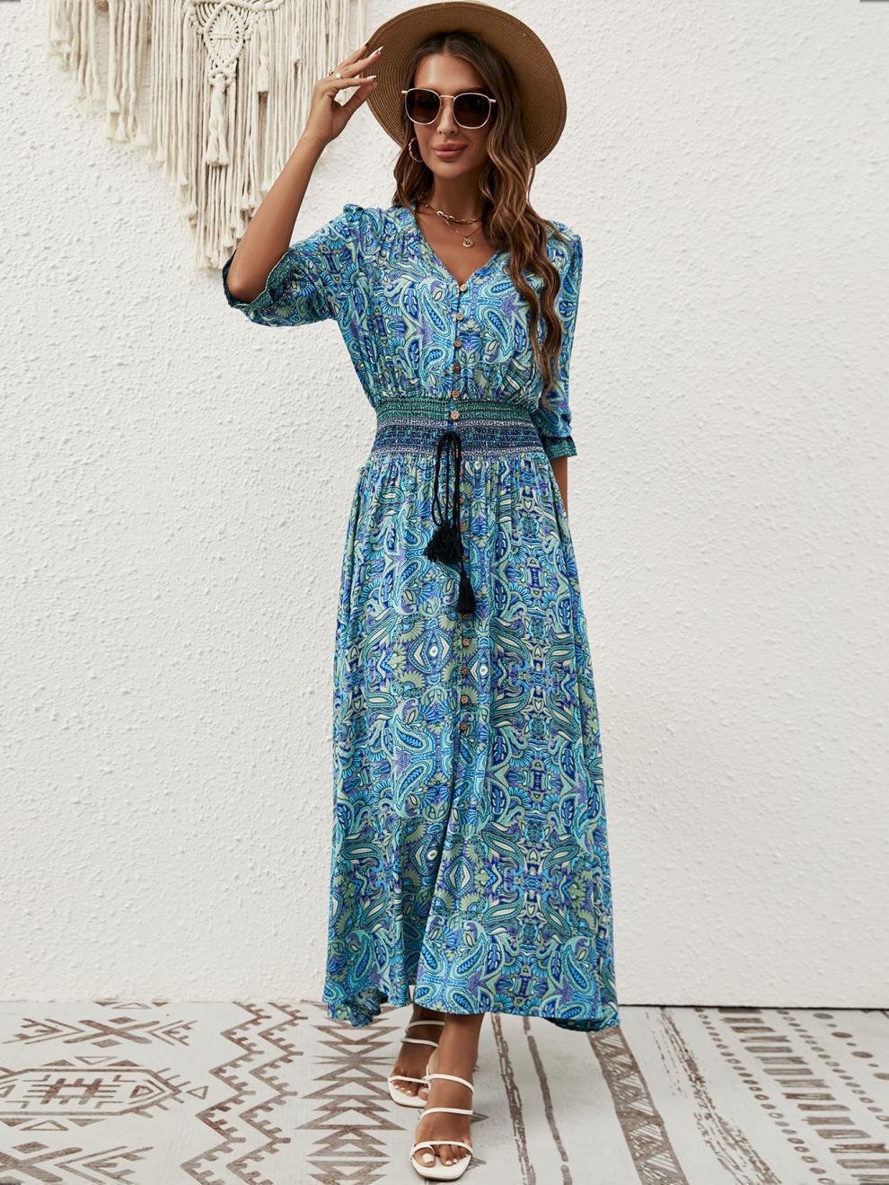 Women's Boho Dress Vacation Ethnic Style V Neck Printing Tassel 3/4 Length Sleeve Printing Maxi Long Dress Holiday Travel display picture 9