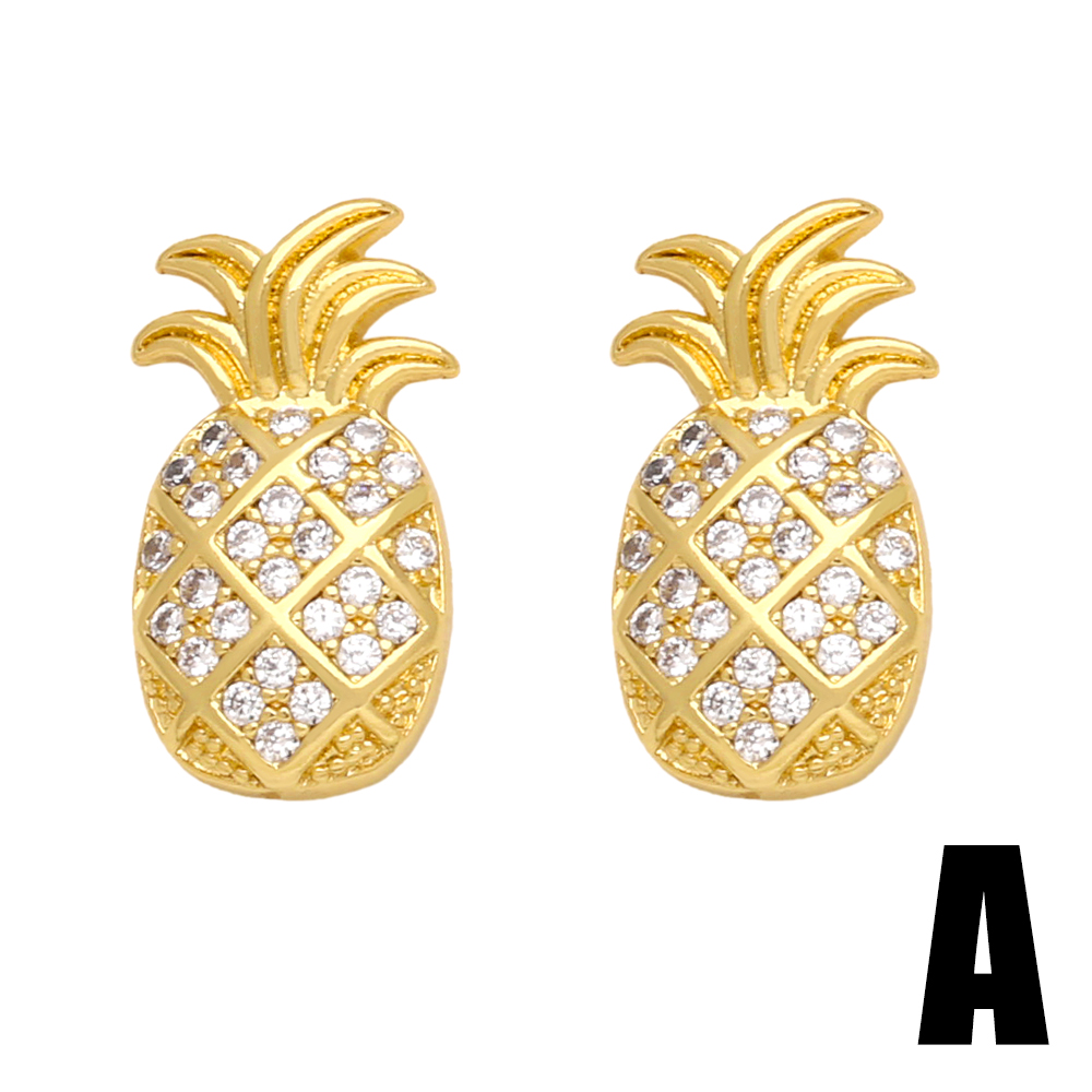 1 Pair Cute Sweet Heart Shape Pineapple Butterfly Plating Inlay Copper Zircon 18k Gold Plated Ear Studs display picture 6