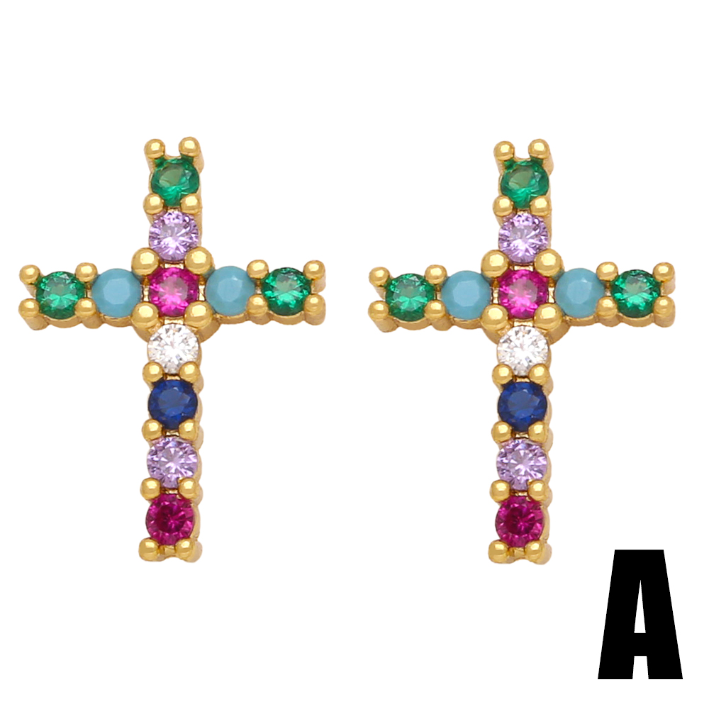 1 Pair Simple Style Cross Plating Inlay Copper Zircon 18k Gold Plated Ear Studs display picture 4