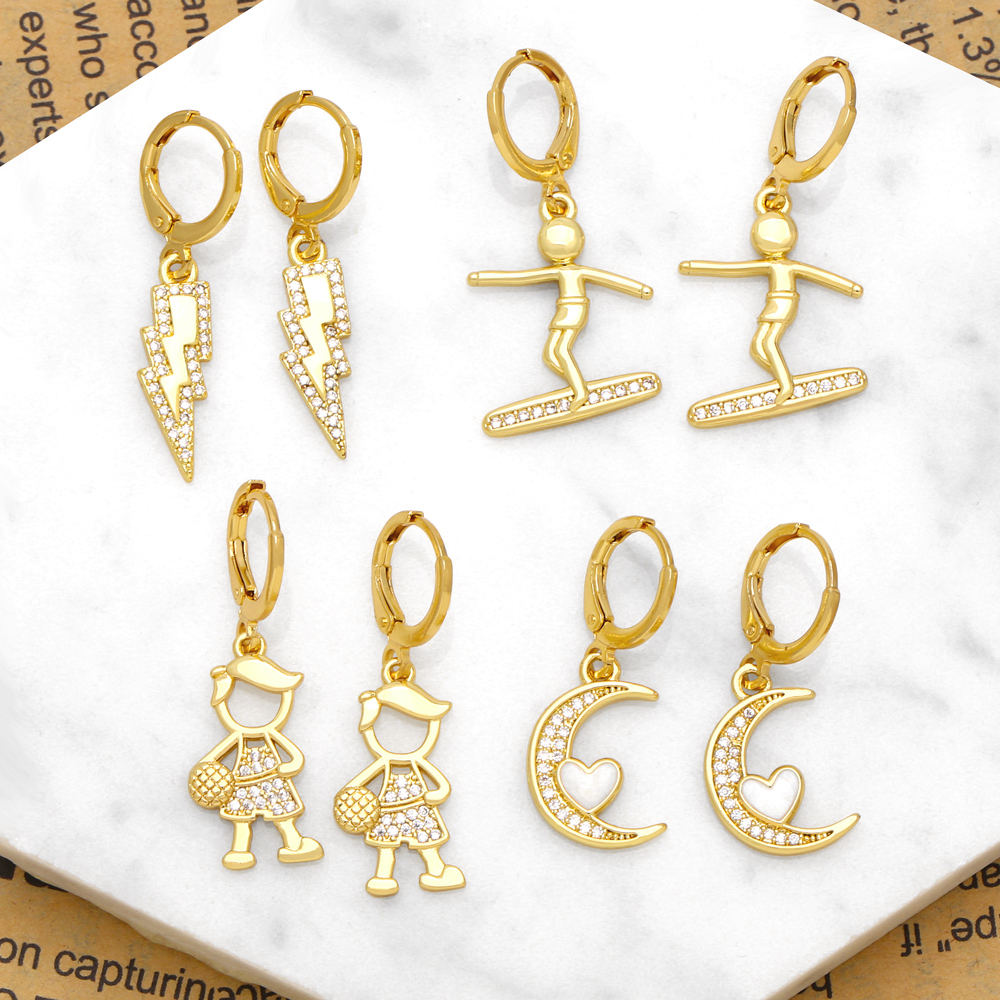 1 Pair Simple Style Cartoon Character Lightning Plating Inlay Copper Zircon 18k Gold Plated Drop Earrings display picture 2