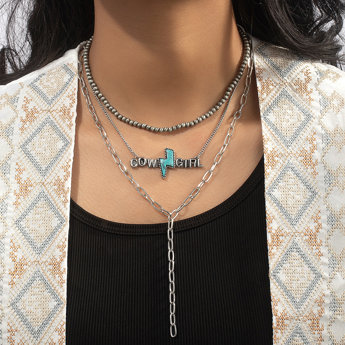 Hip-hop Retro Letter Beaded Metal Chain Inlay Turquoise Women's Three Layer Necklace display picture 1