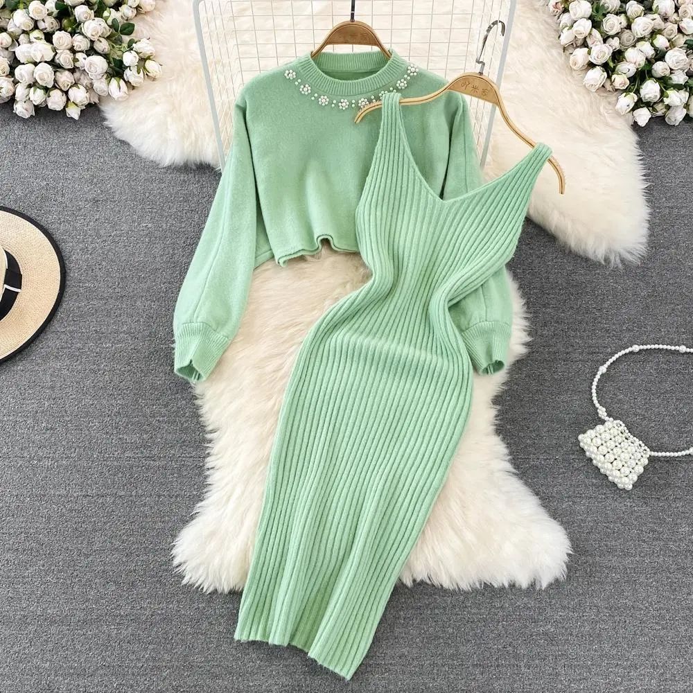 Women's Two Piece Dress Casual Elegant V Neck Round Neck Long Sleeve Solid Color Midi Dress Daily Street display picture 5
