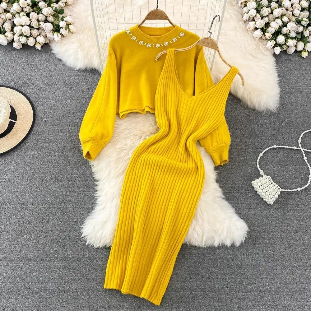 Women's Two Piece Dress Casual Elegant V Neck Round Neck Long Sleeve Solid Color Midi Dress Daily Street display picture 6