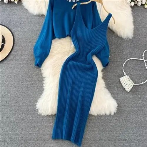 Women's Two Piece Dress Casual Elegant V Neck Round Neck Long Sleeve Solid Color Midi Dress Daily Street display picture 2