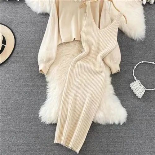 Women's Two Piece Dress Casual Elegant V Neck Round Neck Long Sleeve Solid Color Midi Dress Daily Street display picture 1