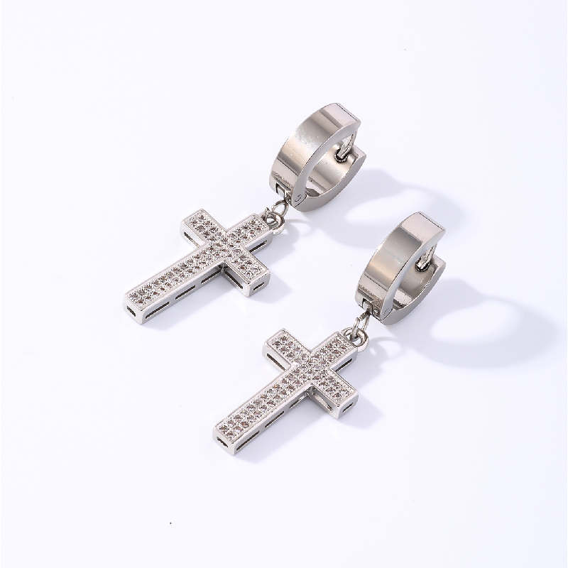 1 Pair Hip-Hop Rock Cross Key Plating Inlay 304 Stainless Steel Copper Zircon Drop Earrings display picture 3
