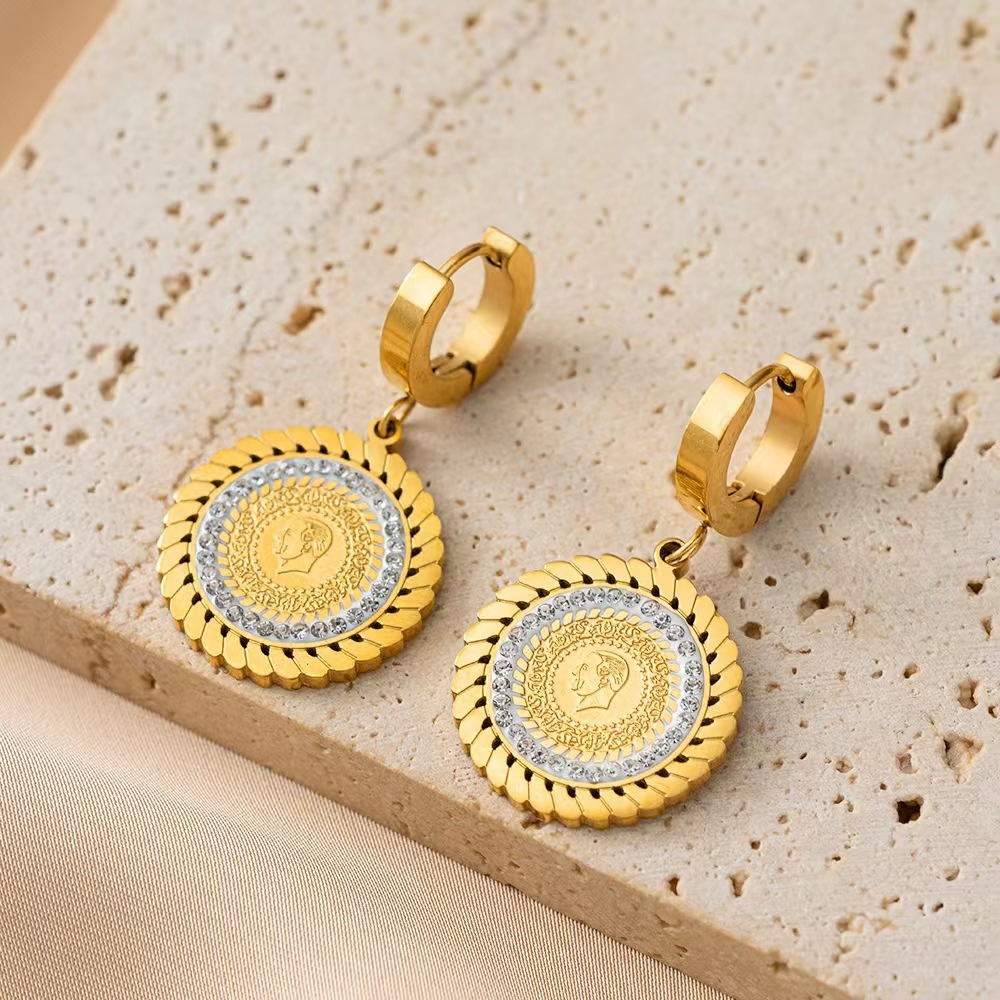 304 Stainless Steel 18K Gold Plated Simple Style Plating Inlay Portrait Round Artificial Rhinestones Bracelets Earrings Necklace display picture 2