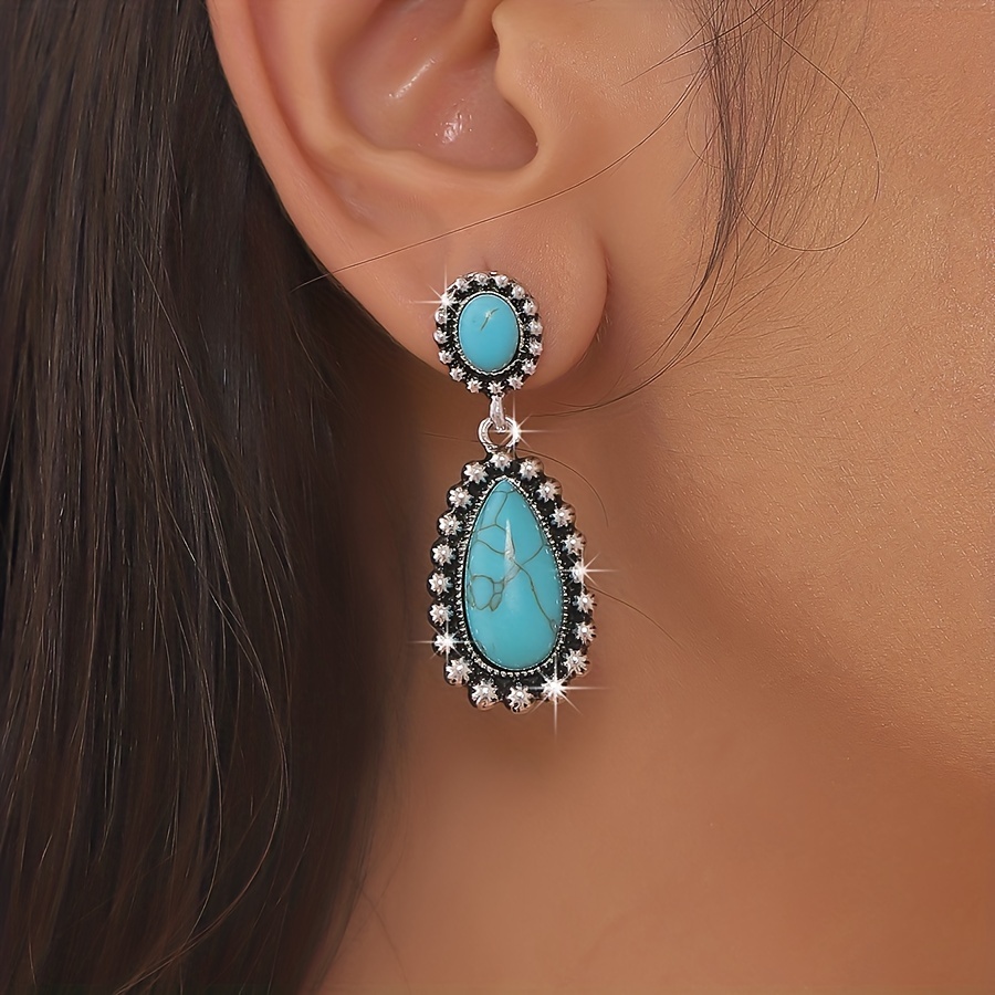 Wholesale Jewelry Retro Water Droplets Alloy Turquoise Inlay Ear Studs display picture 1