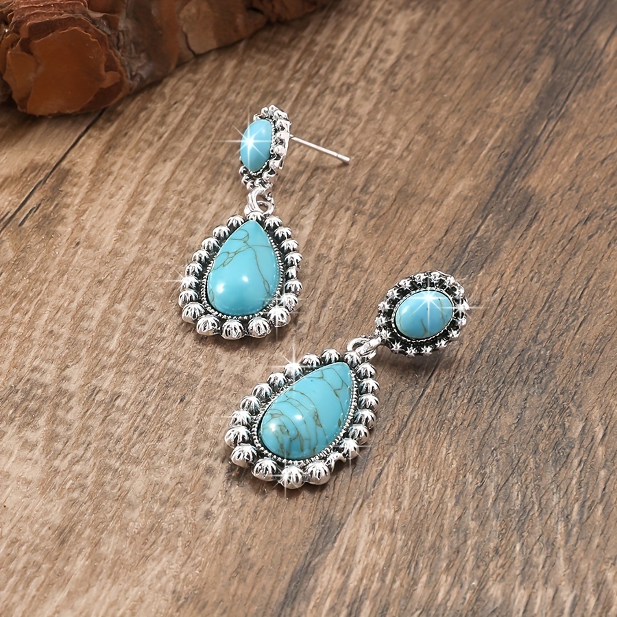 Wholesale Jewelry Retro Water Droplets Alloy Turquoise Inlay Ear Studs display picture 2