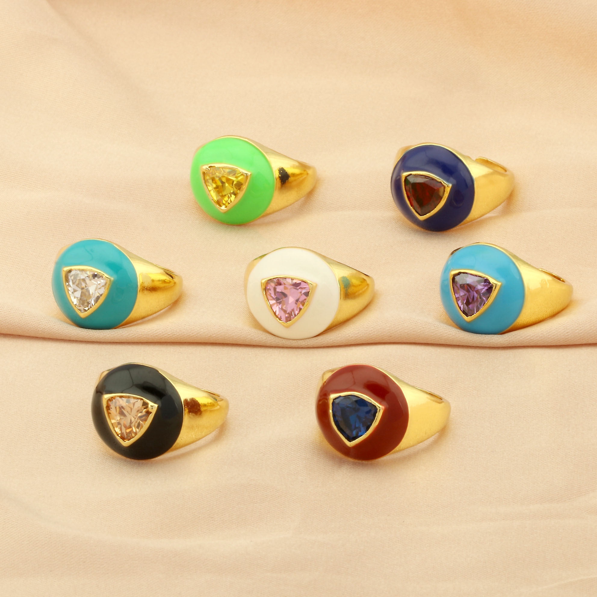 Casual Streetwear Triangle Square Heart Shape Copper Enamel Plating Inlay Zircon 18k Gold Plated Open Rings display picture 3