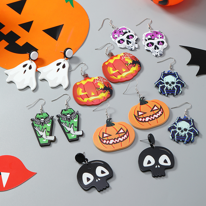 1 Pair Exaggerated Funny Punk Pumpkin Spider Skull Arylic Drop Earrings display picture 2