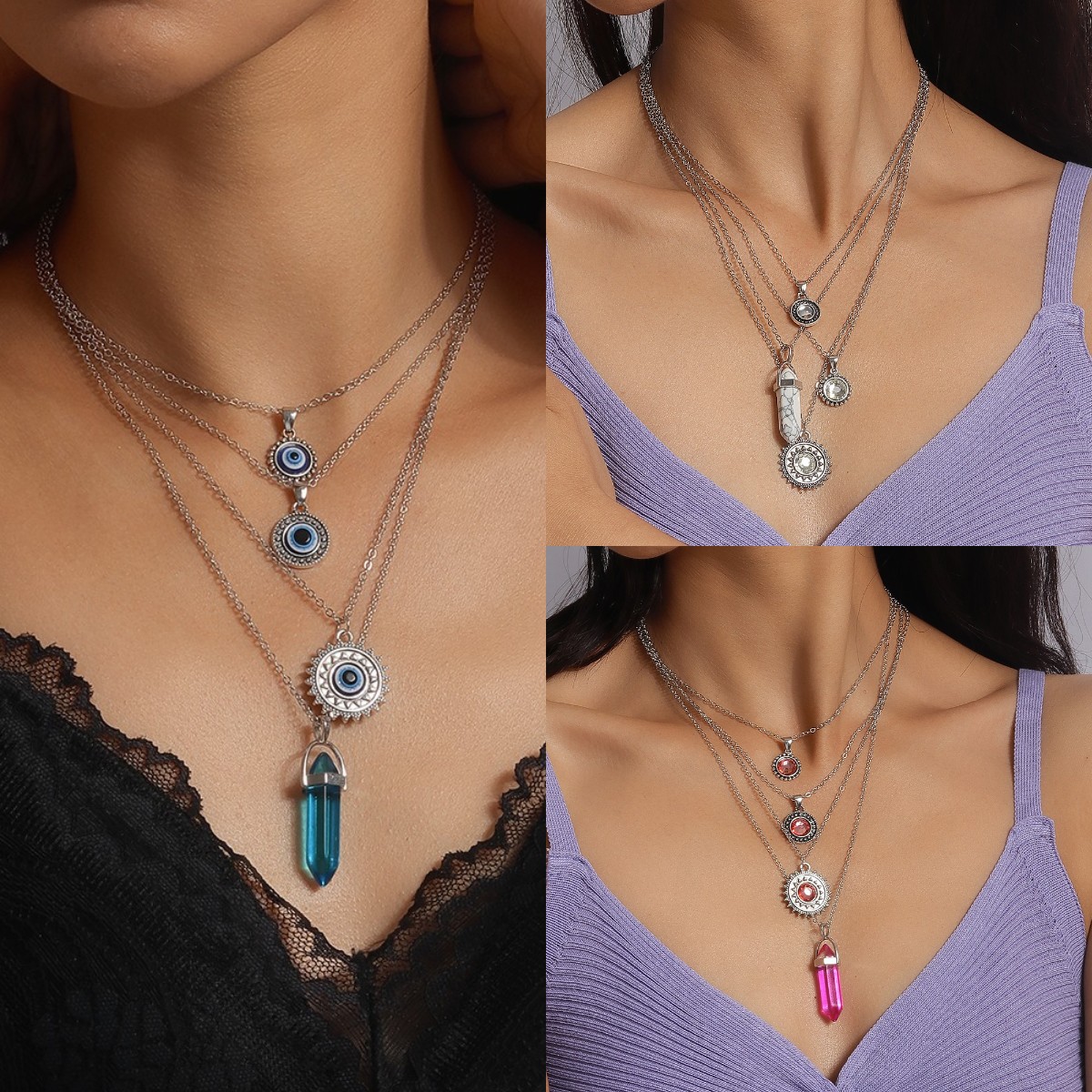 Elegant Geometric Zinc Alloy Inlay Artificial Gemstones Women's Layered Necklaces display picture 11