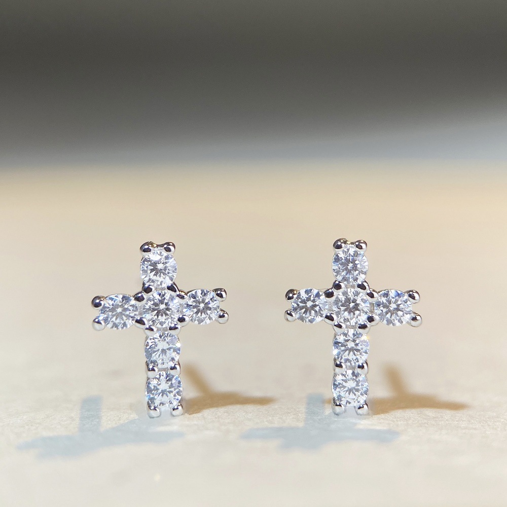 Simple Style Cross Sterling Silver Inlay Moissanite Ear Studs display picture 5