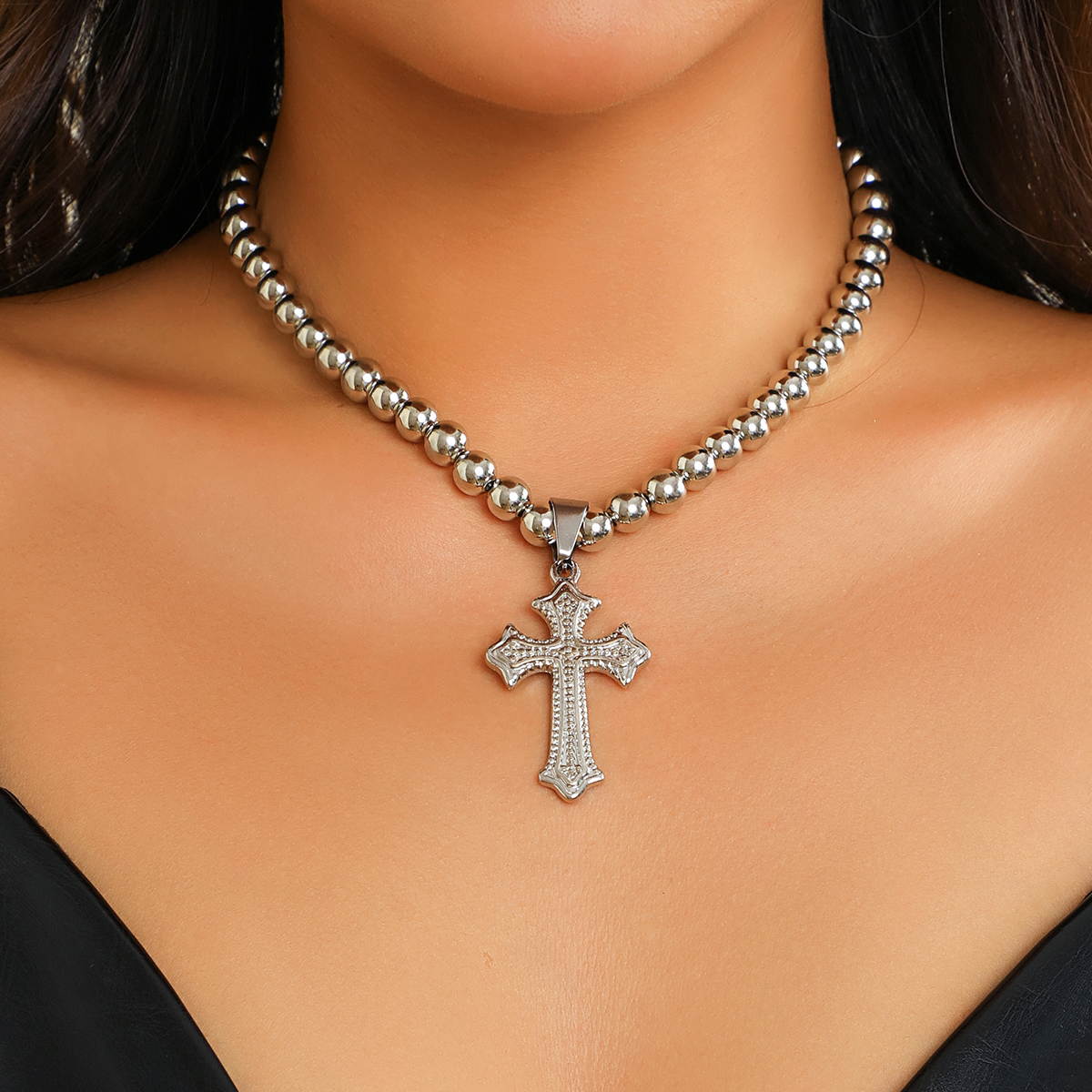 Punk Simple Style Cool Style Cross Ccb Alloy Beaded Women's Pendant Necklace display picture 2