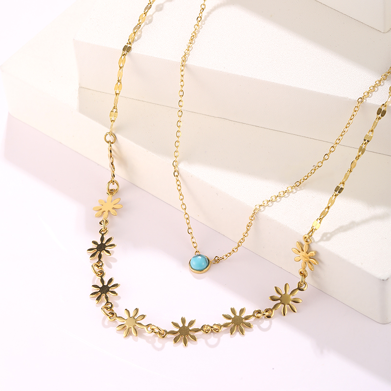 Stainless Steel Hip-Hop Cool Style Plating Inlay Flower Turquoise Double Layer Necklaces display picture 4