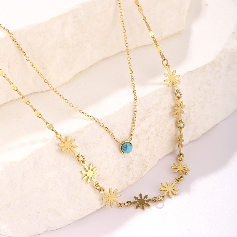 Stainless Steel Hip-Hop Cool Style Plating Inlay Flower Turquoise Double Layer Necklaces display picture 5