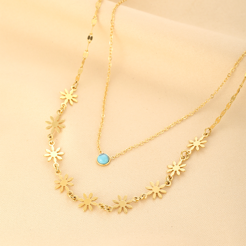 Stainless Steel Hip-Hop Cool Style Plating Inlay Flower Turquoise Double Layer Necklaces display picture 1
