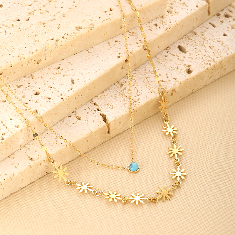 Stainless Steel Hip-Hop Cool Style Plating Inlay Flower Turquoise Double Layer Necklaces display picture 13