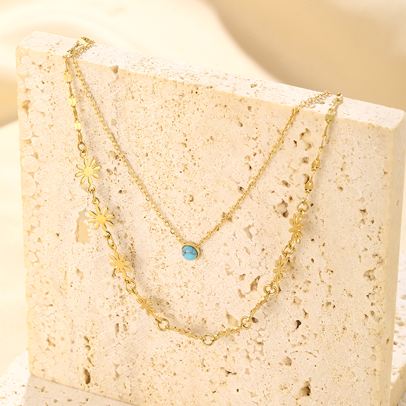 Stainless Steel Hip-Hop Cool Style Plating Inlay Flower Turquoise Double Layer Necklaces display picture 12