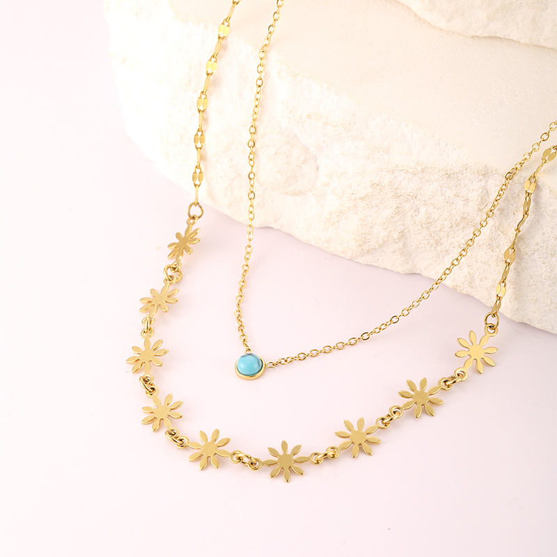 Stainless Steel Hip-Hop Cool Style Plating Inlay Flower Turquoise Double Layer Necklaces display picture 6
