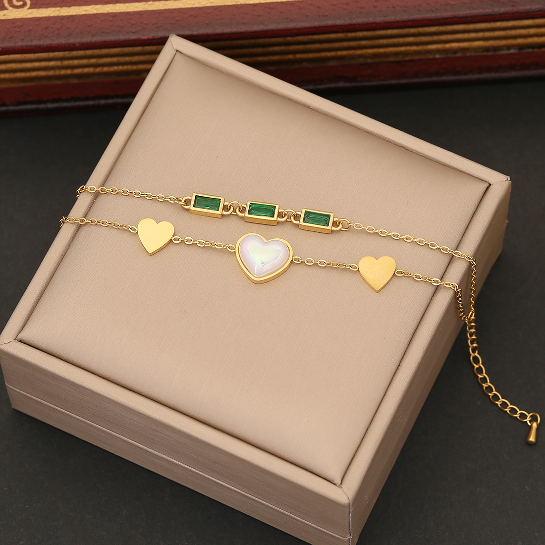 Acero Inoxidable Chapados en oro de 18k Dulce Enchapado Embutido Forma De Corazón Perlas Artificiales Circón Pulsera Aretes Collar display picture 5