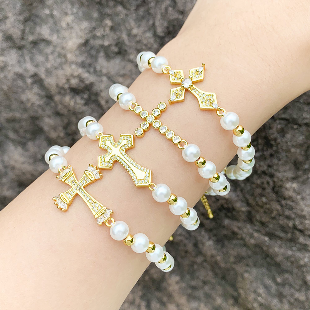 Ig Style Fashion Cross Baroque Pearls Copper Beaded Plating Inlay Zircon 18k Gold Plated Women's Bracelets display picture 2