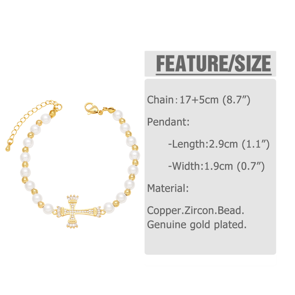 Ig Style Fashion Cross Baroque Pearls Copper Beaded Plating Inlay Zircon 18k Gold Plated Women's Bracelets display picture 1
