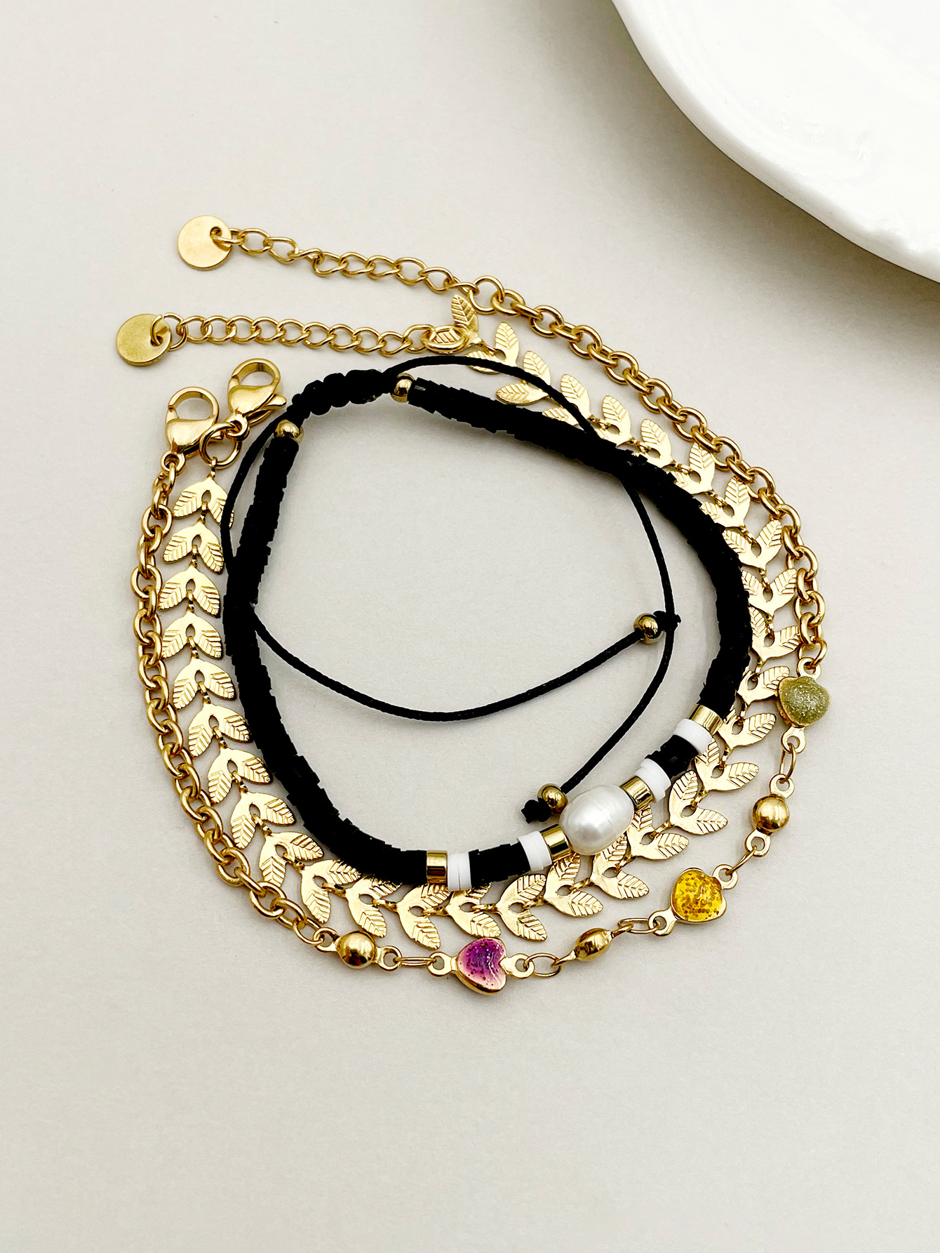Wholesale Jewelry Vintage Style Handmade Geometric Colorful Heart Shape Stainless Steel Artificial Crystal Soft Clay 14K Gold Plated Polishing Enamel Plating Bracelets display picture 3