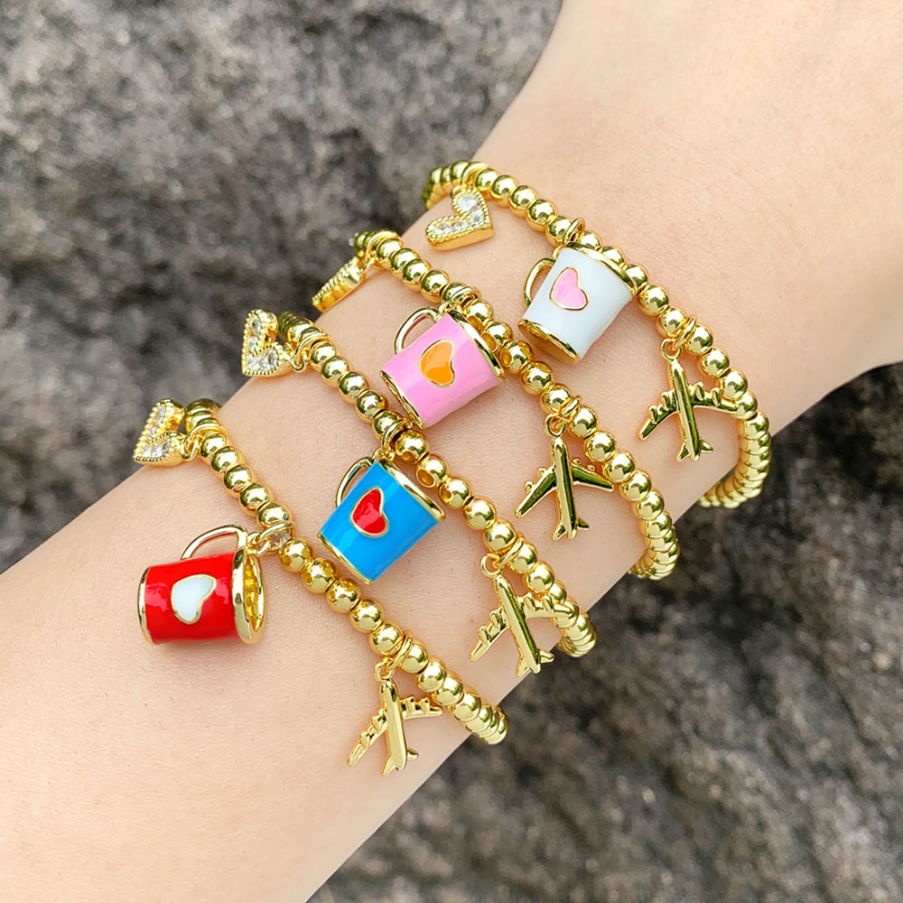 Ig Style Fashion Sweet Cup Heart Shape Airplane Copper Beaded Inlay Zircon Bracelets display picture 2