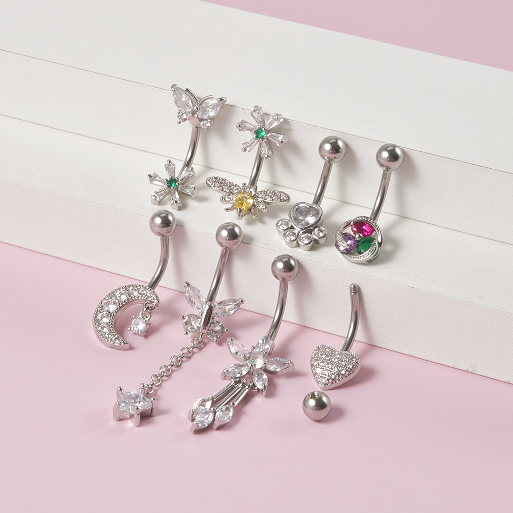 Simple Style Flower Butterfly Stainless Steel Inlay Zircon Belly Ring display picture 2