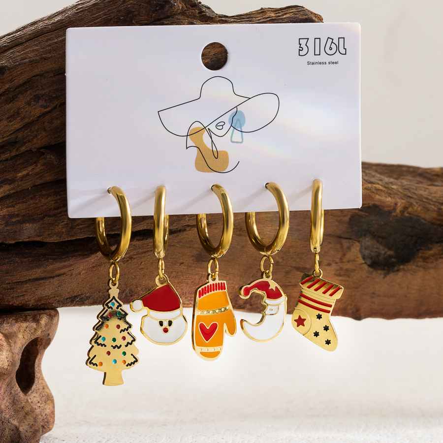 1 Set Sweet Christmas Tree Santa Claus Snowman Enamel Hollow Out Stainless Steel 14k Gold Plated Drop Earrings display picture 5