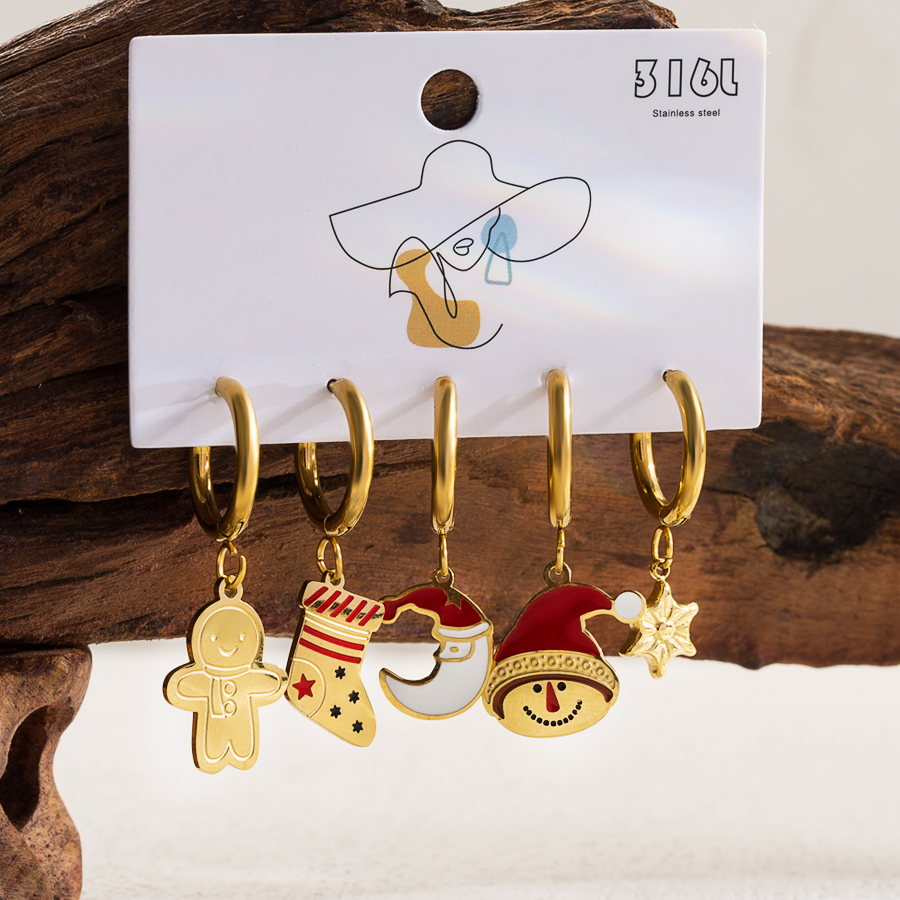 1 Set Sweet Christmas Tree Santa Claus Snowman Enamel Hollow Out Stainless Steel 14k Gold Plated Drop Earrings display picture 3