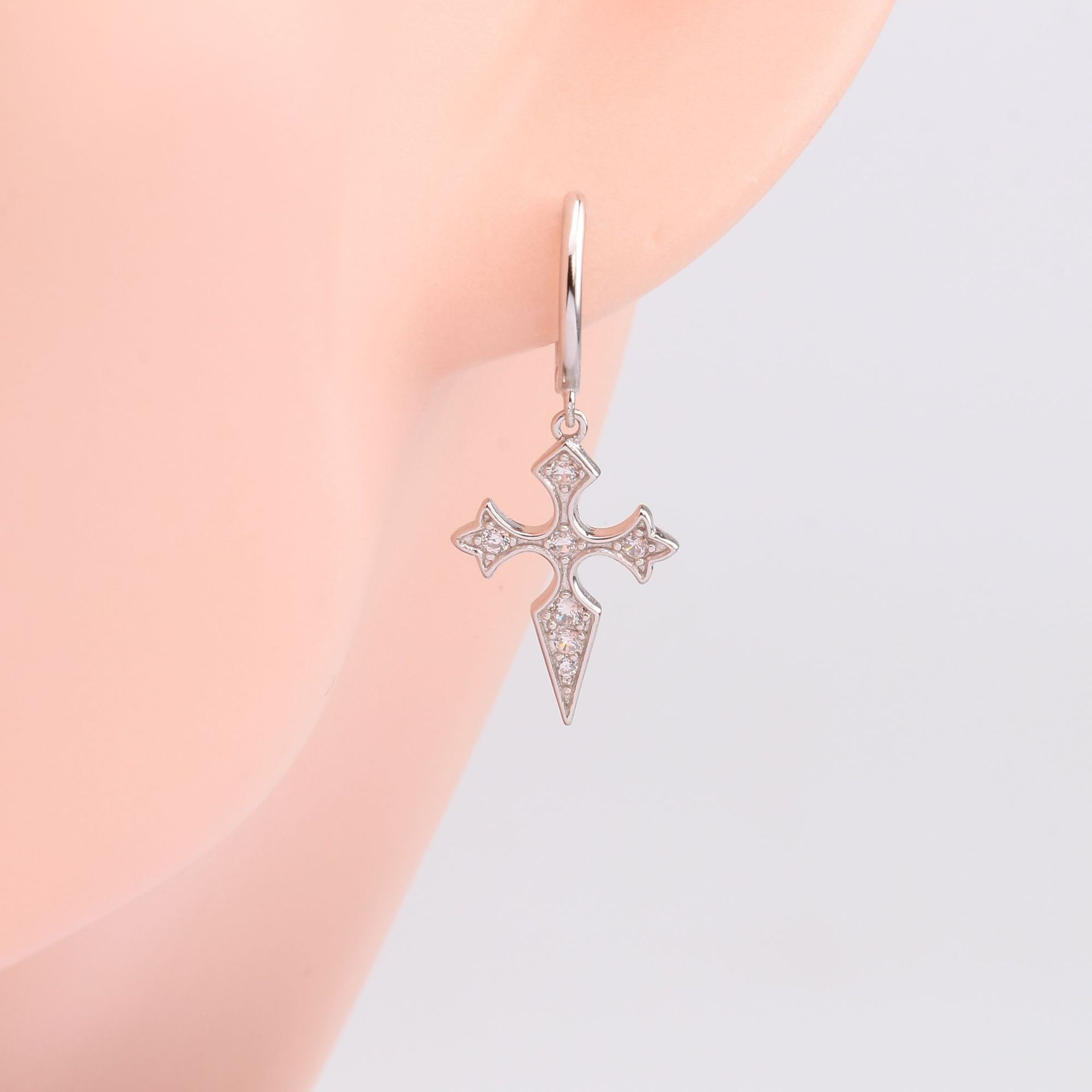 1 Pair Elegant Cross Inlay Sterling Silver Zircon Drop Earrings display picture 6