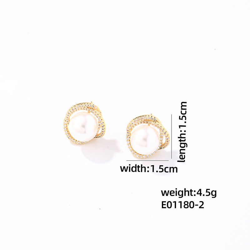 Wholesale Sweet Geometric Round Stainless Steel Copper Plating Inlay Gold Plated Pearl Zircon Earrings Necklace display picture 2