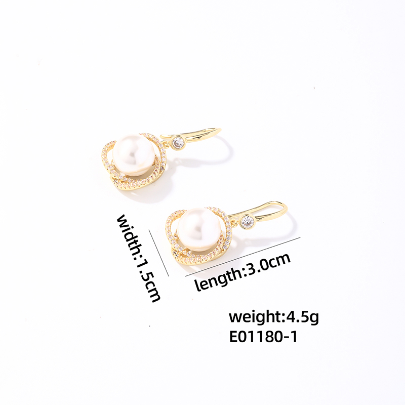 Wholesale Sweet Geometric Round Stainless Steel Copper Plating Inlay Gold Plated Pearl Zircon Earrings Necklace display picture 4