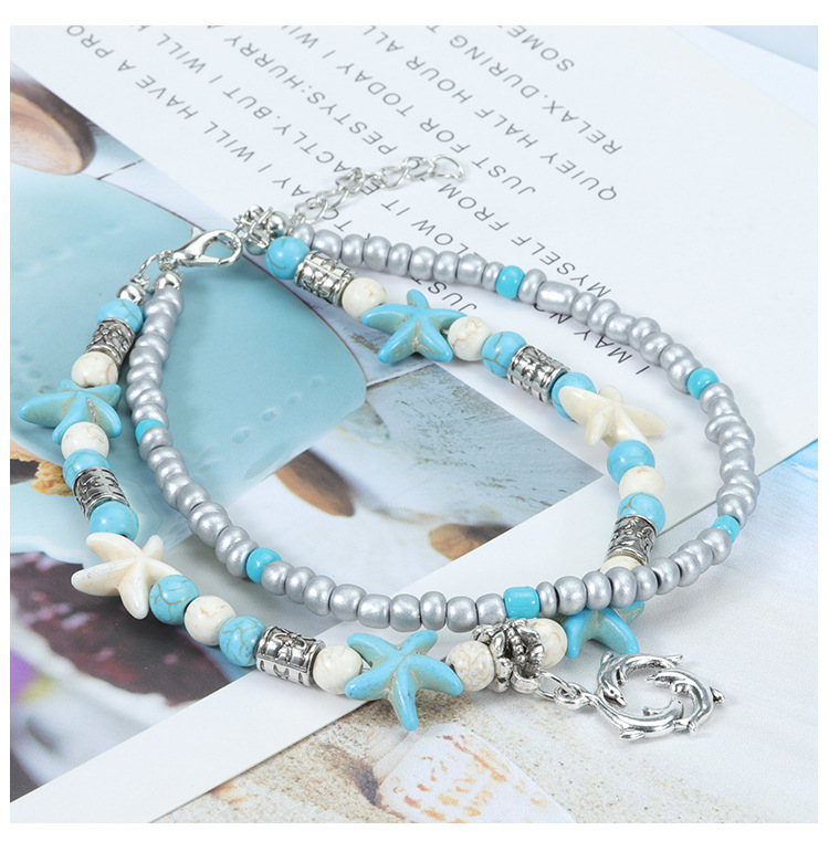 Vacation Beach Tortoise Starfish Dolphin Turquoise Glass Wholesale Anklet display picture 8