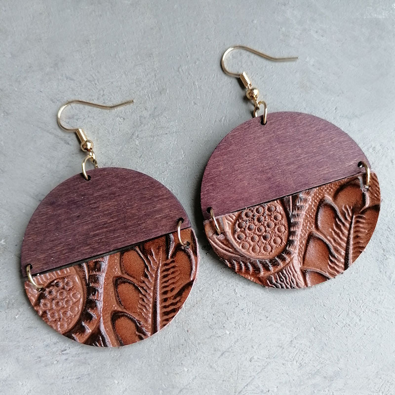 1 Pair Retro Round Patchwork Leather Drop Earrings display picture 7