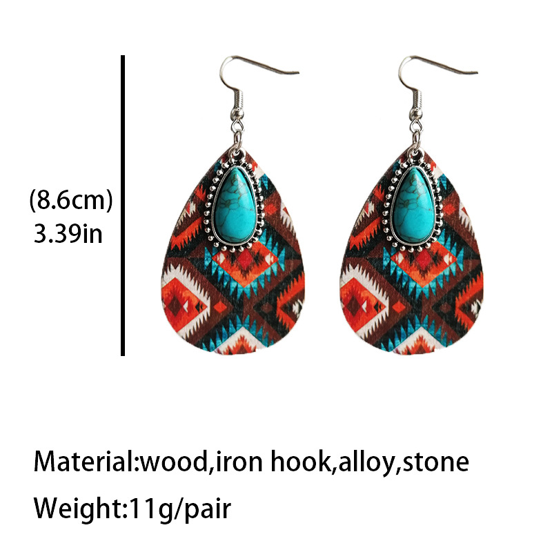 1 Pair Retro Water Droplets Inlay Wood Turquoise Drop Earrings display picture 1