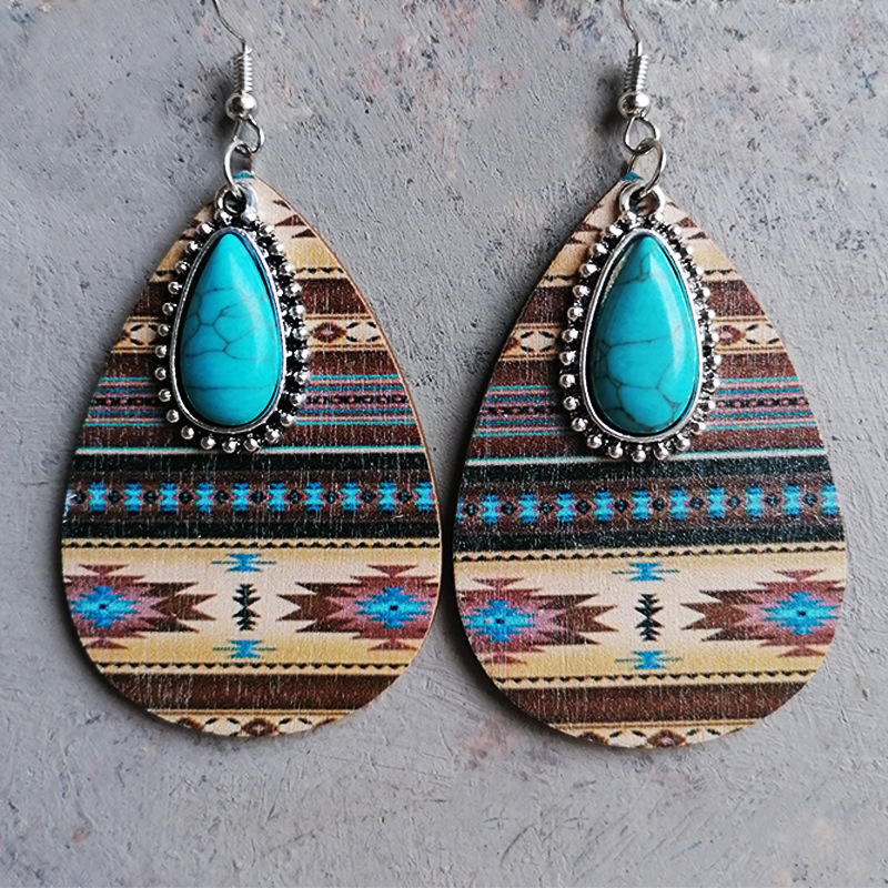 1 Pair Retro Water Droplets Inlay Wood Turquoise Drop Earrings display picture 4