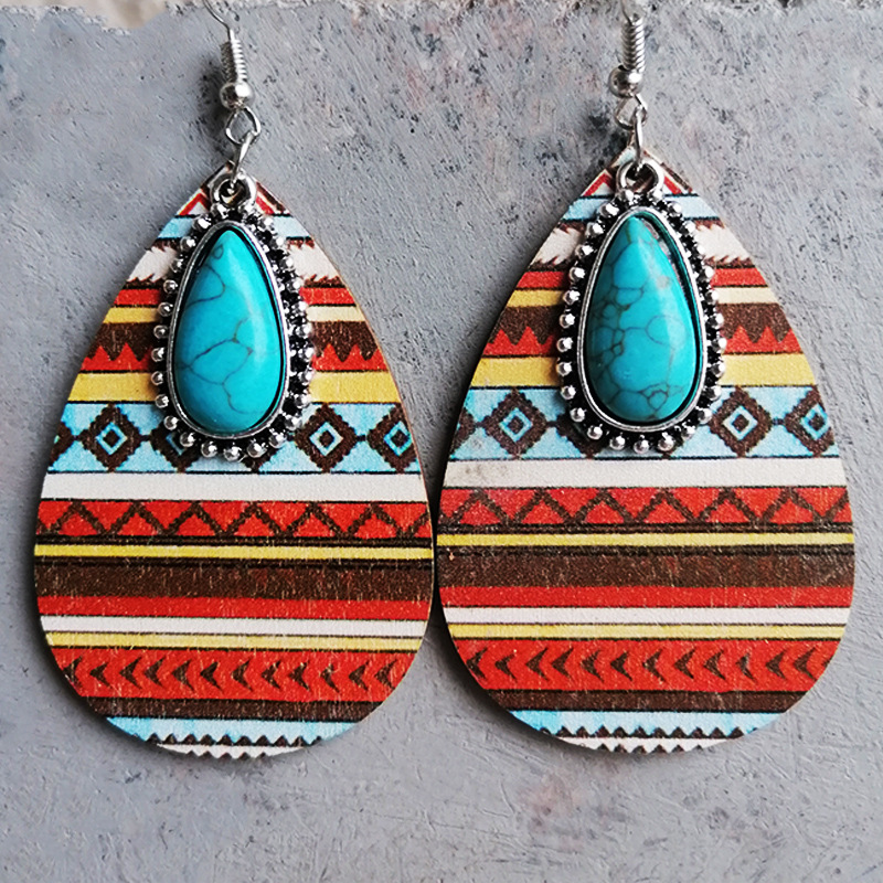 1 Pair Retro Water Droplets Inlay Wood Turquoise Drop Earrings display picture 5