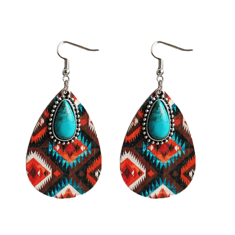 1 Pair Retro Water Droplets Inlay Wood Turquoise Drop Earrings display picture 6