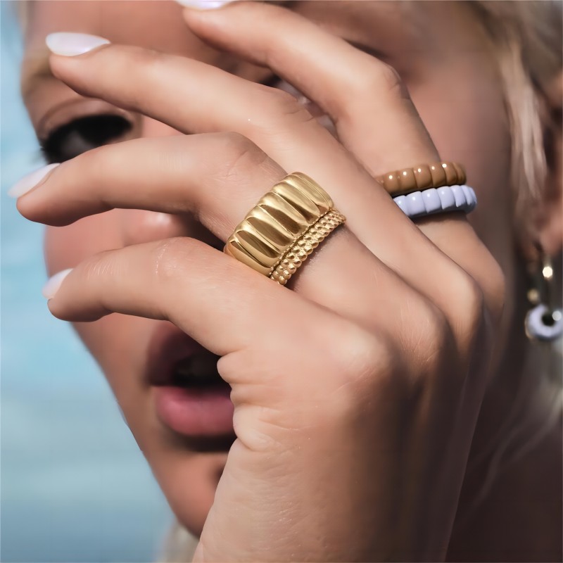 304 Stainless Steel 18K Gold Plated Retro Polishing Plating Stripe Rings display picture 2